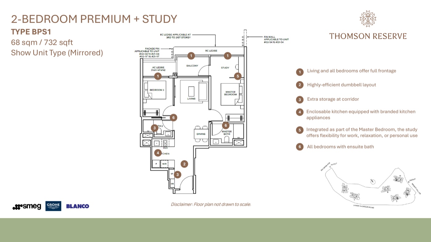 Thomson Reserve 2 Bedroom Premium + Study floor plan — Type BPS1, 68 sqm / 732 sqft